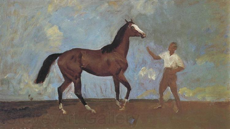 Sir Alfred Munnings,P.R.A The Racehorse 'Amberguity'  Held by Tom Slocombe Norge oil painting art